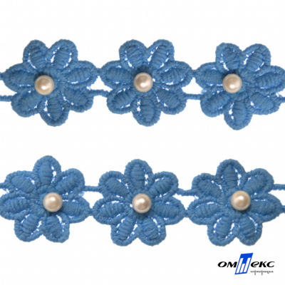 Тесьма вязанная "Цветок с бусиной" 187, шир. 29 мм/уп. 13,7+/-1 м, цвет голубой - купить в Новокуйбышевске. Цена: 1 084.20 руб.